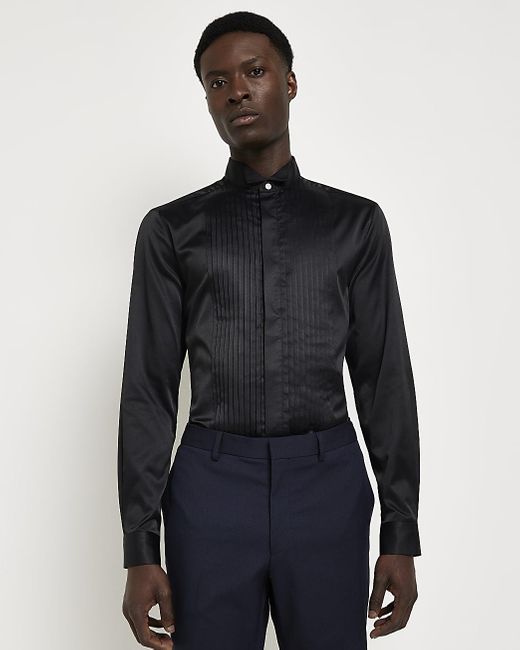 River Island Black Slim Fit Pleated Front Dress Shirt for men