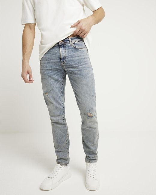 River Island White Ripped Skinny Fit Jeans for men