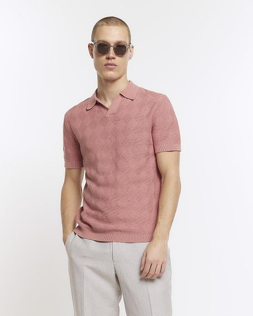 River Island Pink Diamond Stitch Knit Polo Shirt for men