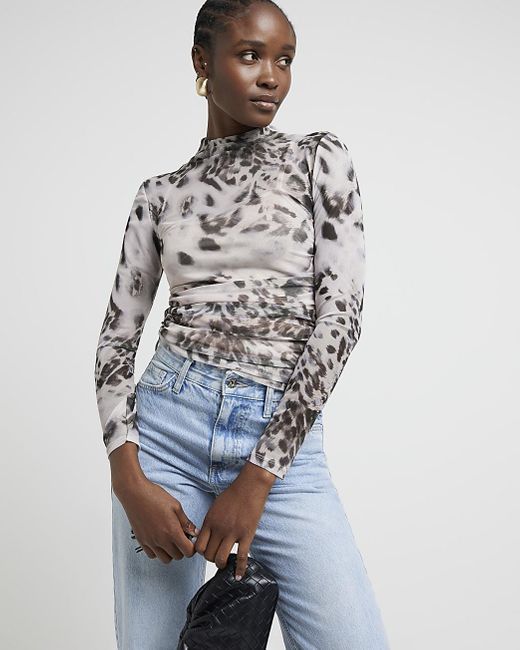 River Island White Grey Mesh Abstract Long Sleeve Top