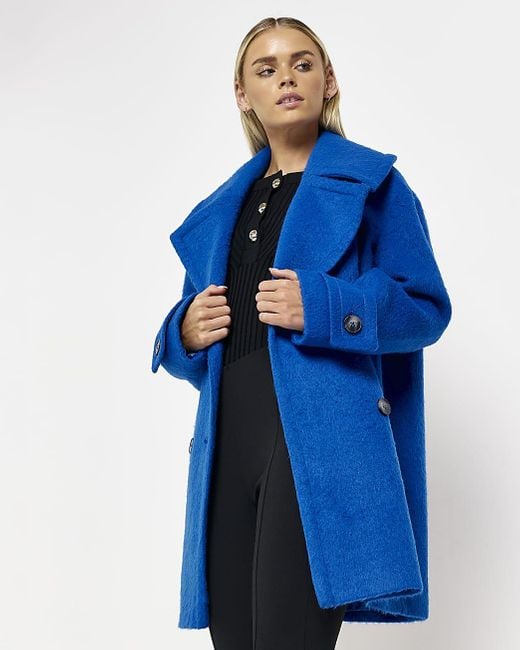 River Island Petite Blue Oversized Double Breasted Coat | Lyst