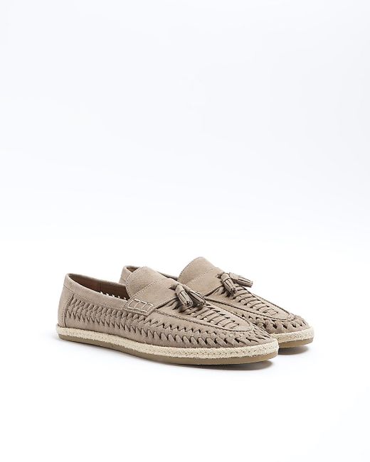 River Island White Beige Suede Woven Loafers for men