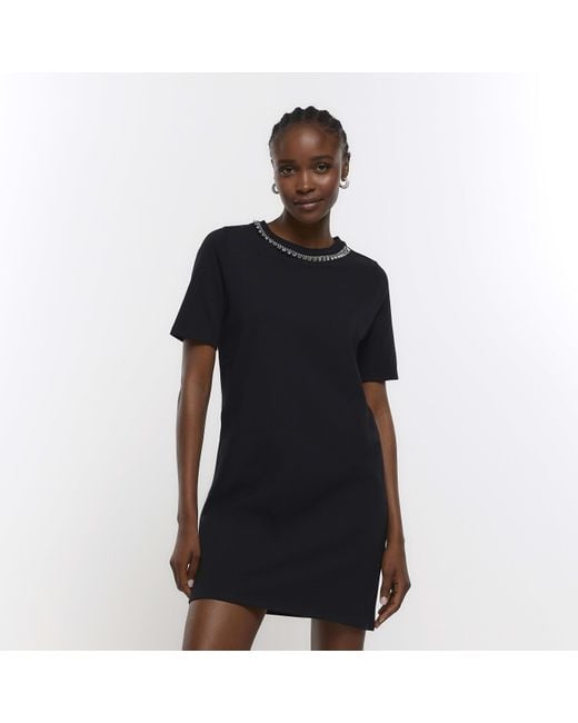 River Island Black Diamante Trim T-shirt Mini Dress