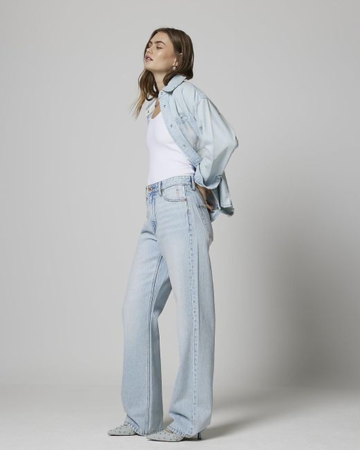 River Island Blue High Waisted Relaxed Straight Fit Jeans