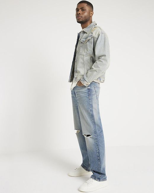 River Island Blue Loose Fit Ripped Jeans for men