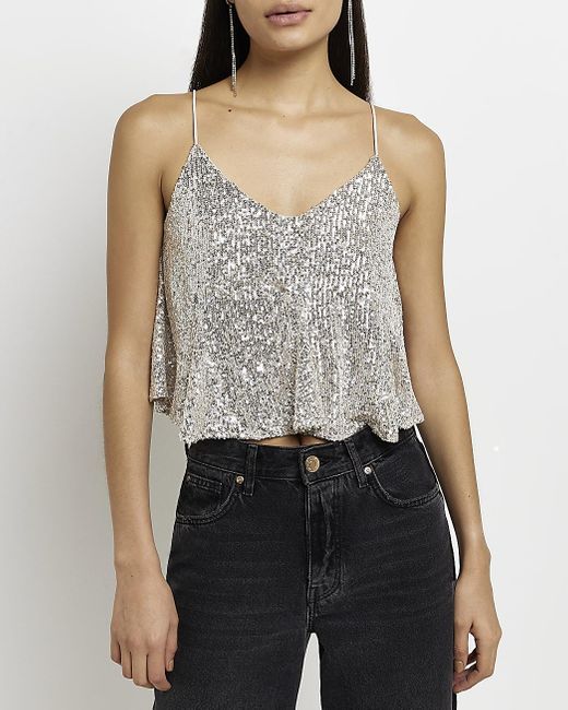 River Island Sequin Cami Top in Gray | Lyst