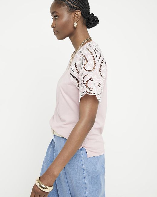 River Island White Pink Lace Sleeve T-shirt