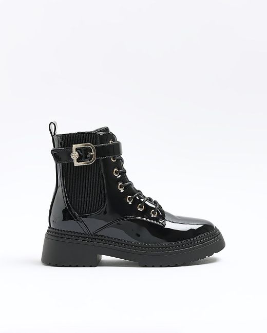 River Island Black Patent Buckle Lace Up Boots
