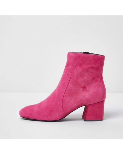 River Island Pink Block Heel Suede Ankle Boots