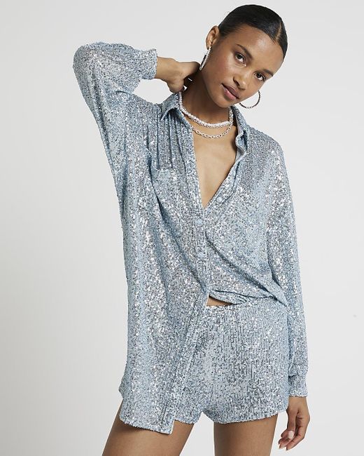 River Island Blue Sequin Oversized Long Sleeve Shirt