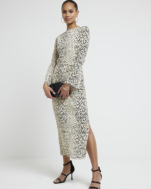 River Island White Beige Plisse Leopard Print Bodycon Midi Dress