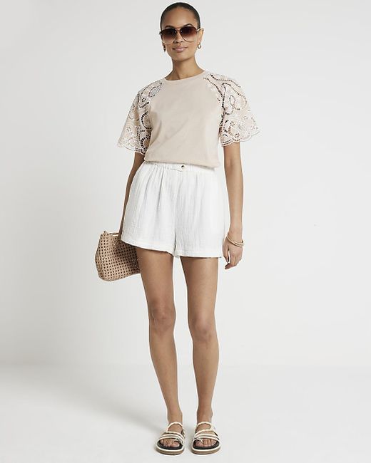 River Island White Beige Lace Sleeve T-shirt