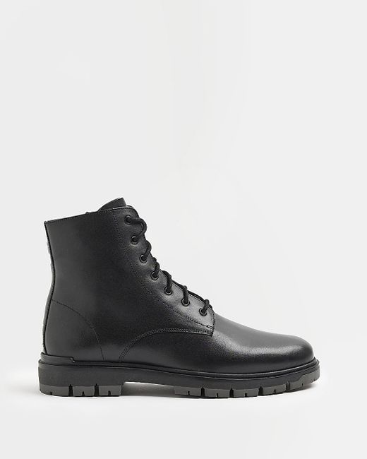River Island Black Leather Lace Up Ankle Boots for men