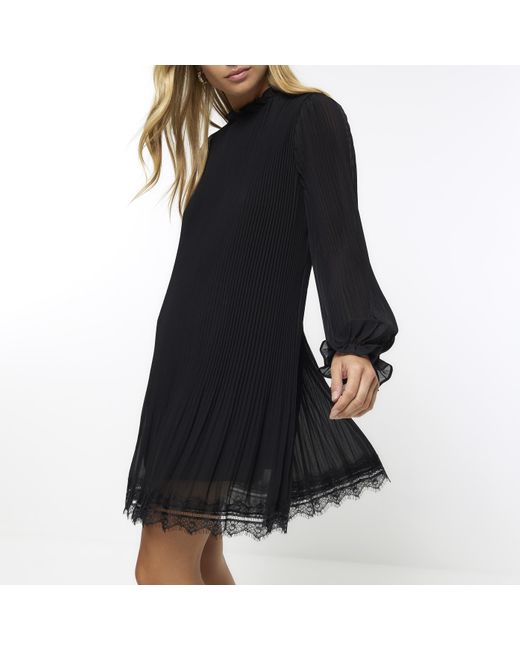 River Island Pleated Lace Trim Shift Mini Dress in Black | Lyst UK
