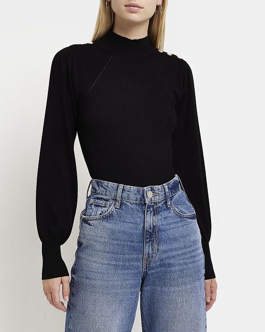 River Island Black Knitted Puff Sleeve Top | Lyst Canada
