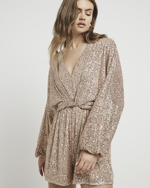 River Island Natural Rose Gold Sequin Knot Playsuit