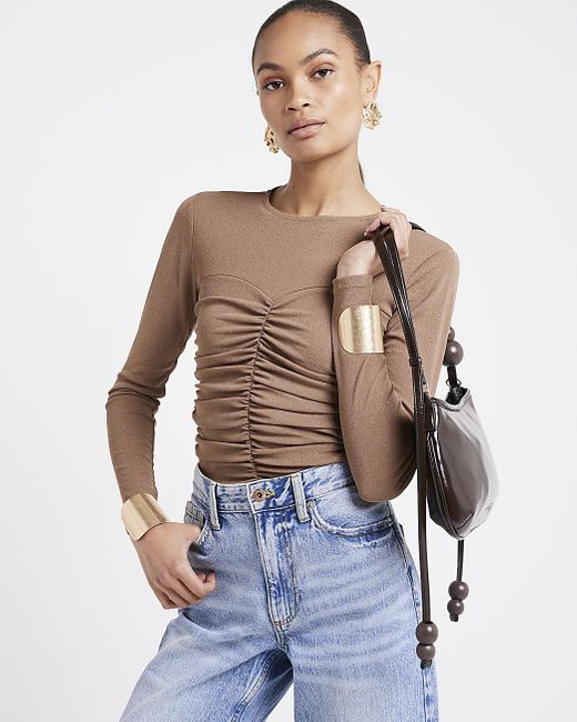 River Island Blue Brown Mesh Ruched Long Sleeve Top