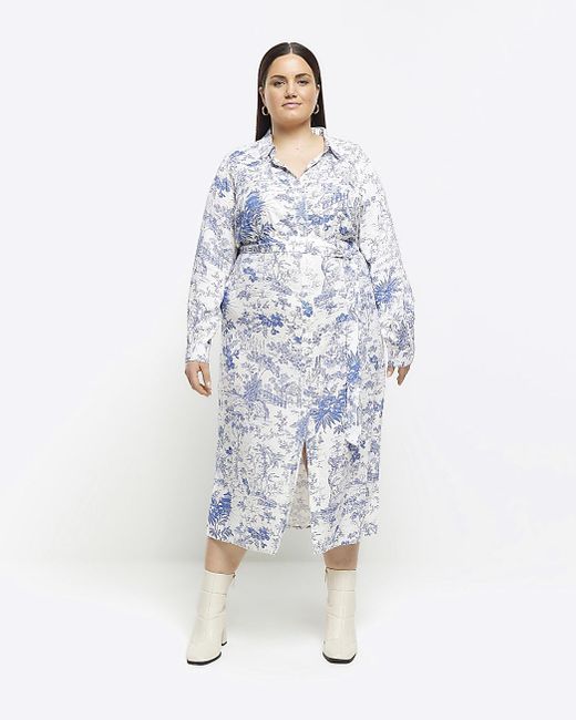 River Island White Floral Belted Midi Shirt Dress