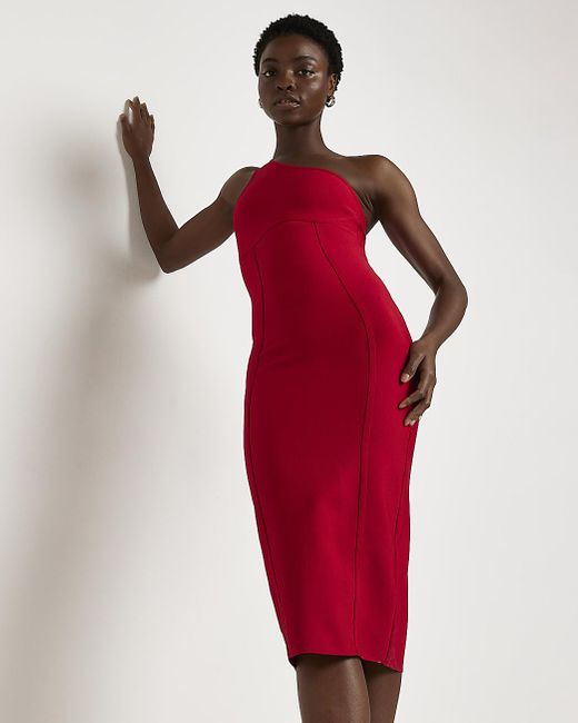 River Island One Shoulder Midi Dress in Red | Lyst