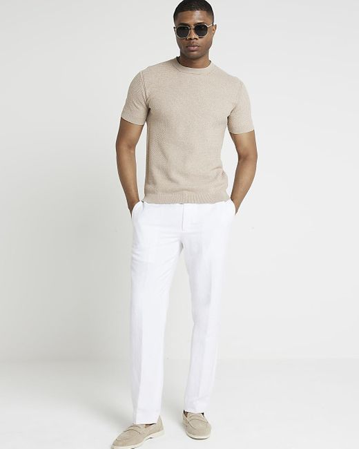 River Island White Beige Slim Fit Textured Knitted T-shirt for men