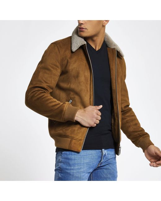 River Island Brown Light Faux Suede Borg Collar Jacket for men