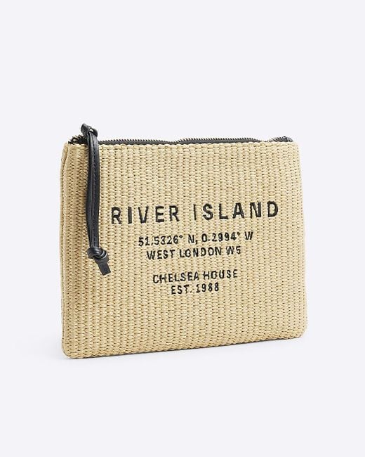 River Island Natural Beige Raffia Embroidered Logo Pouchette