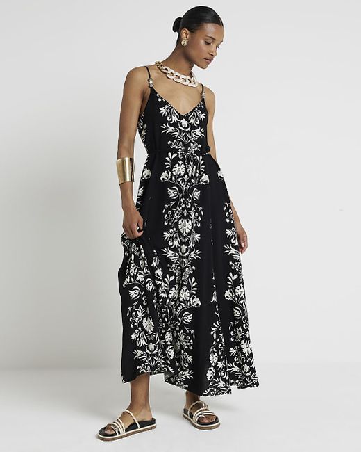 River Island White Black Floral Beaded Swing Maxi Dress