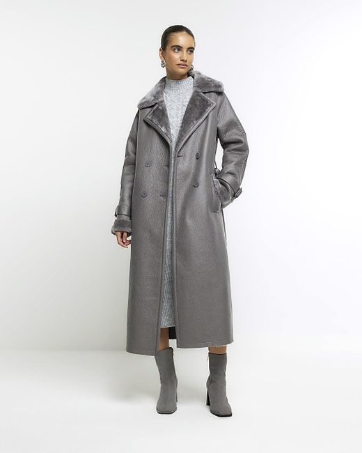 River Island Gray Grey Belted Shearling Trench Coat