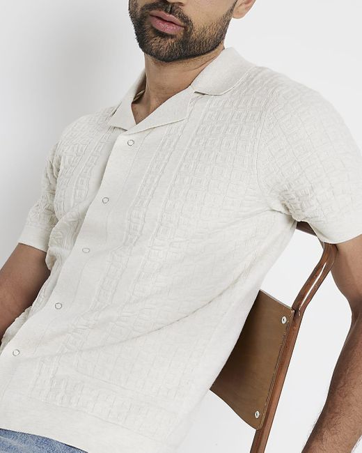 River Island White Ecru Revere Knitted Shirt for men