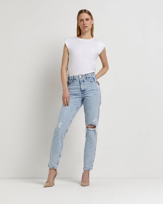 River Island Denim Blue Ripped High Waisted Mom Jeans - Lyst