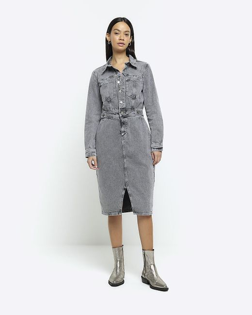 River Island Gray Grey Button Front Denim Midi Shirt Dress