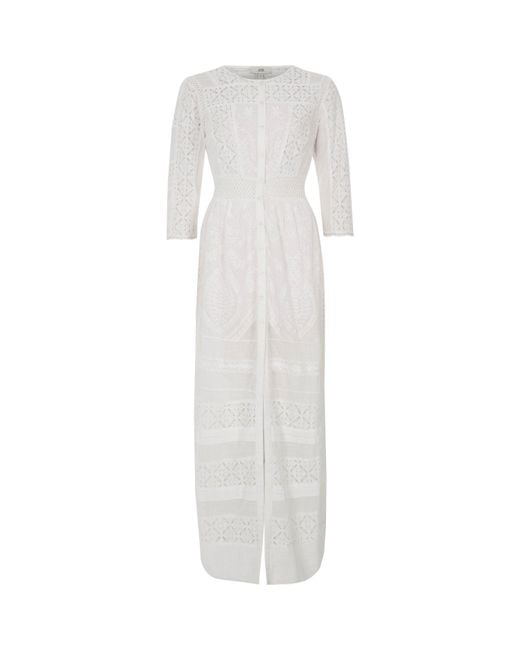 River Island White Lace Panel Embroidered Maxi Shirt Dress