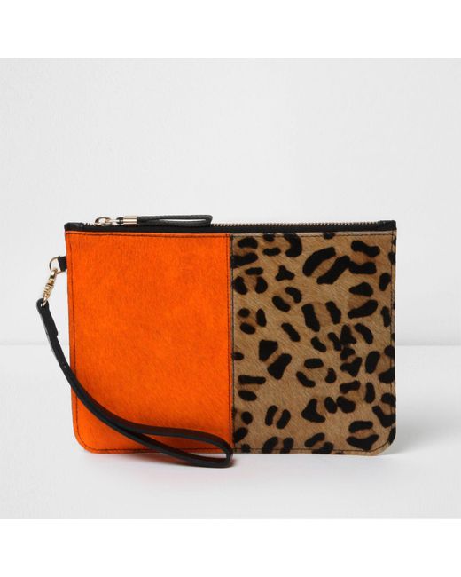 River Island Orange And Leopard Print Leather Clutch Bag