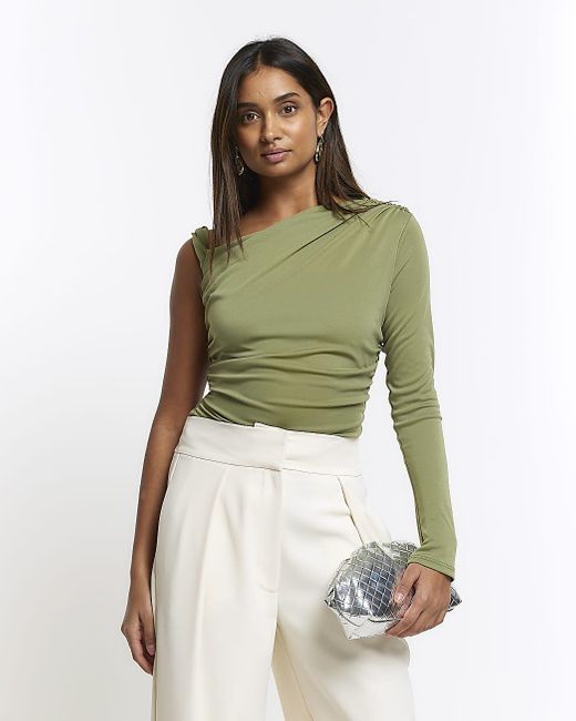 River Island Green Ruched One Shoulder Blouse