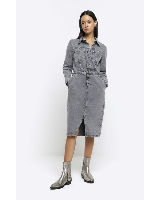 River Island Gray Grey Button Front Denim Midi Shirt Dress
