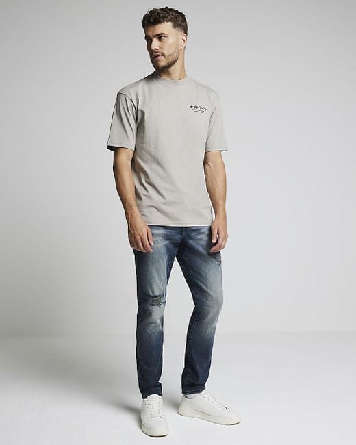 River Island Blue Faded Skinny Fit Ripped Jeans for men