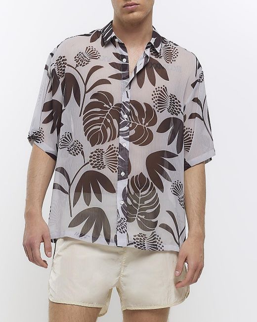 River Island Natural Ecru Sheer Leaf Print Shirt for men