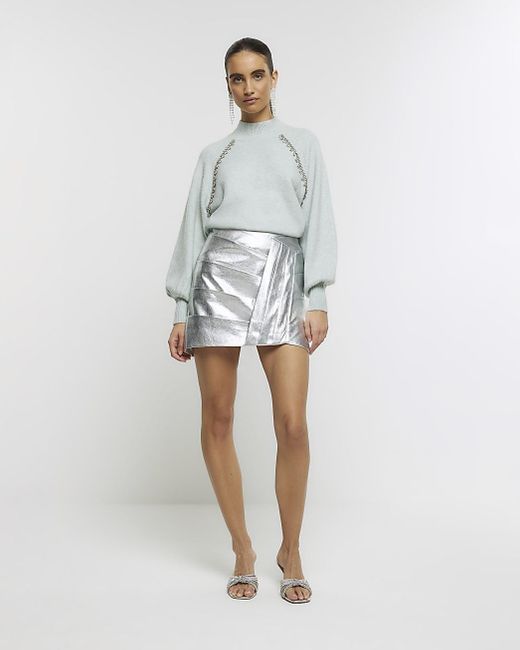 River Island White Silver Ruched Mini Skirt