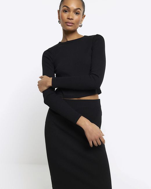 River Island Blue Black Long Sleeve Ribbed Cropped Top