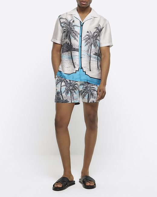 River Island Blue Regular Fit Palm Print Swim Shorts for men