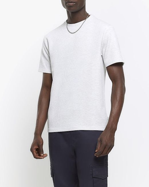 River Island White Regular Fit Textured T-shirt for men