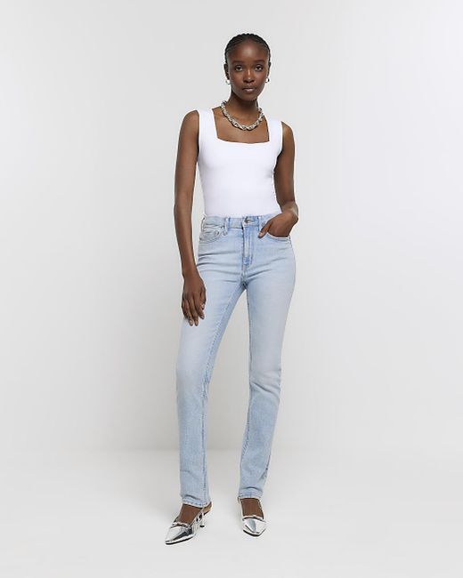 River Island High Waisted Slim Straight Jeans in Blue | Lyst