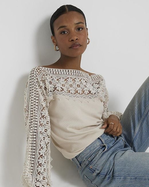 River Island Hybrid Lace Knit Jumper in Gray Lyst