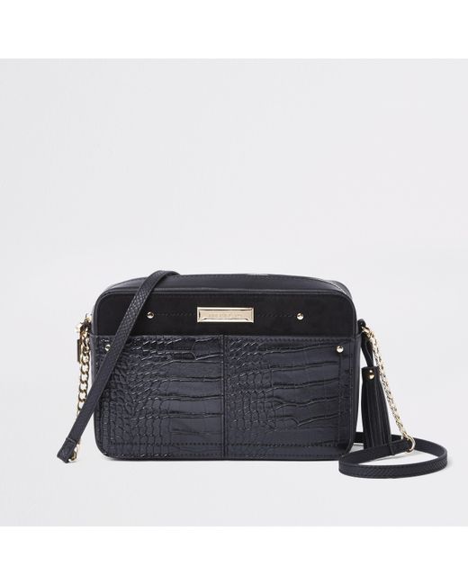 River Island Croc Embossed Boxy Cross Body Bag in Black | Lyst UK