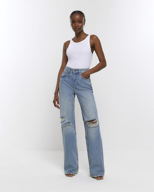 River Island Blue Wide Leg Ripped Jeans