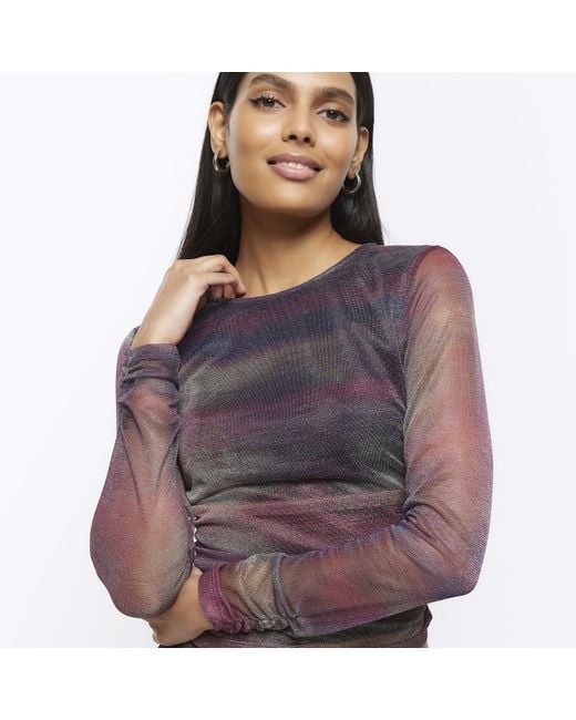 River Island Purple Abstract Mesh Ruched Top