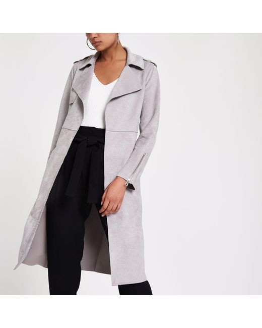 River Island Gray Light Grey Faux Suede Longline Trench Jacket