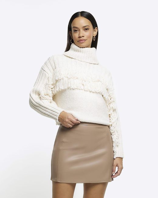 River Island White Brown Faux Leather Mini Skirt