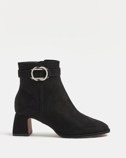 River Island Black Faux Suede Buckle Ankle Boots | Lyst