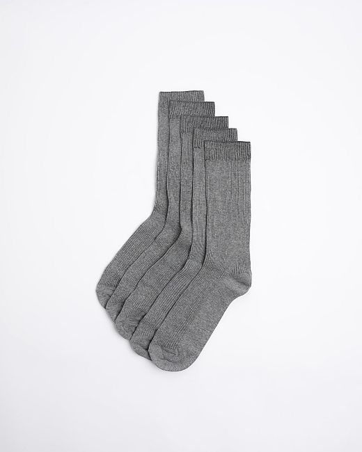 River Island Gray 5pk Grey Ribbed Ankle Socks for men